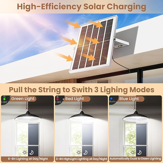 Solar Shed Light Indoor Outdoor, Dual Lamp 2000LM Daytime Available Pendant Light with Pull String, Dusk to Dawn, 3 Lighting Modes Solar Lights Indoor, Waterproof for Barn, Gazebo, Shop, Garage