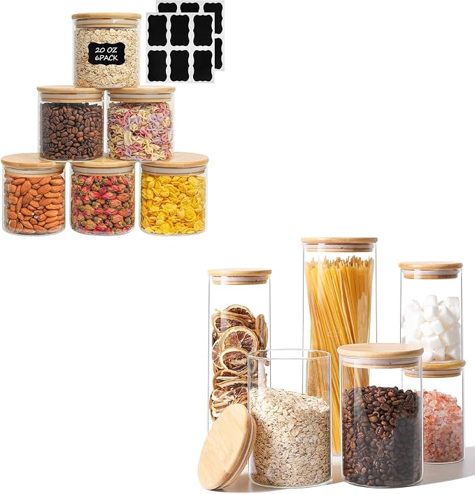 ComSaf Set of 12 Glass Storage Containers with Lids, Glass Jars with Bamboo Lids, Clear Food Storage Jar, Round Glass Canister, Pantry Organizers and Storage for Pasta Flour Rice Coffee Bean