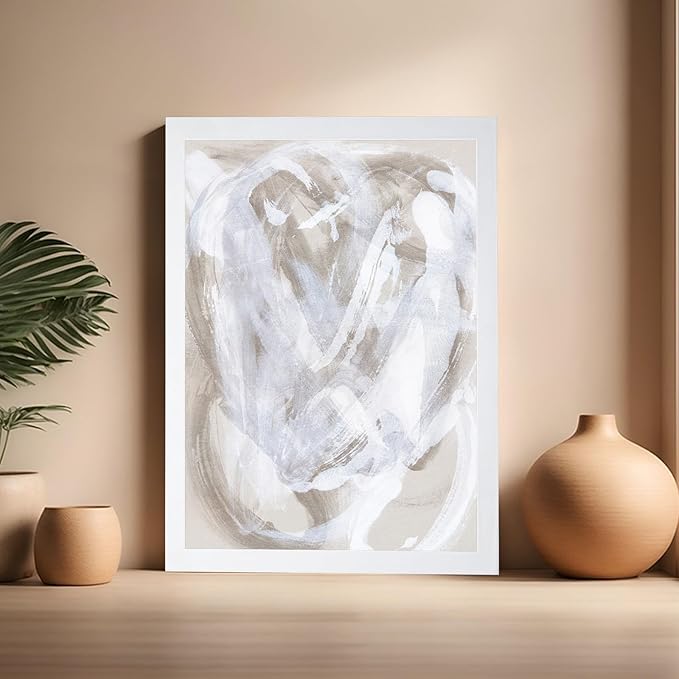 Monem Art Neutral Beige Abstract Brushstroke Painting Print - Scandinavian Minimalist Modern Art Poster - Wall Decor for Living Room or Bedroom - 16x20 White Framed Wall Art by Mareike Bohmer