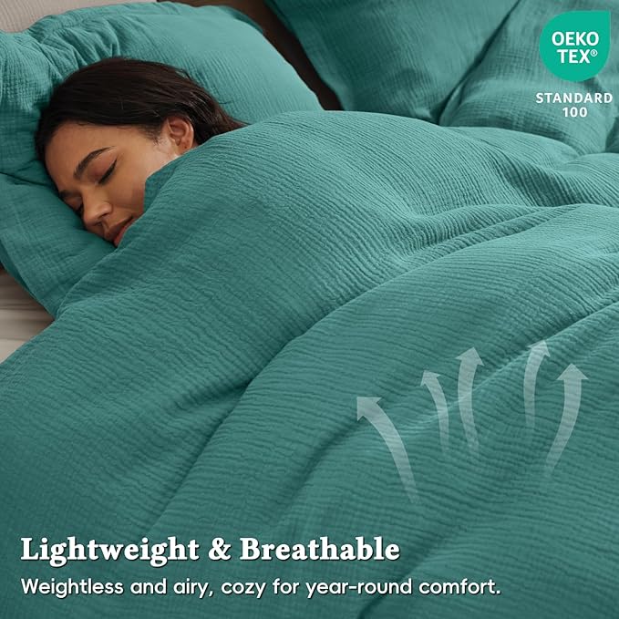 David's Home 100% Cotton Muslin Duvet Cover Set King Size,3 Pcs Ultra Soft Breathable & Lightweight Gauze Bedding Set with 2 Pillowcases,Textured Home Decor with Button, 104"×90" Teal,No Insert