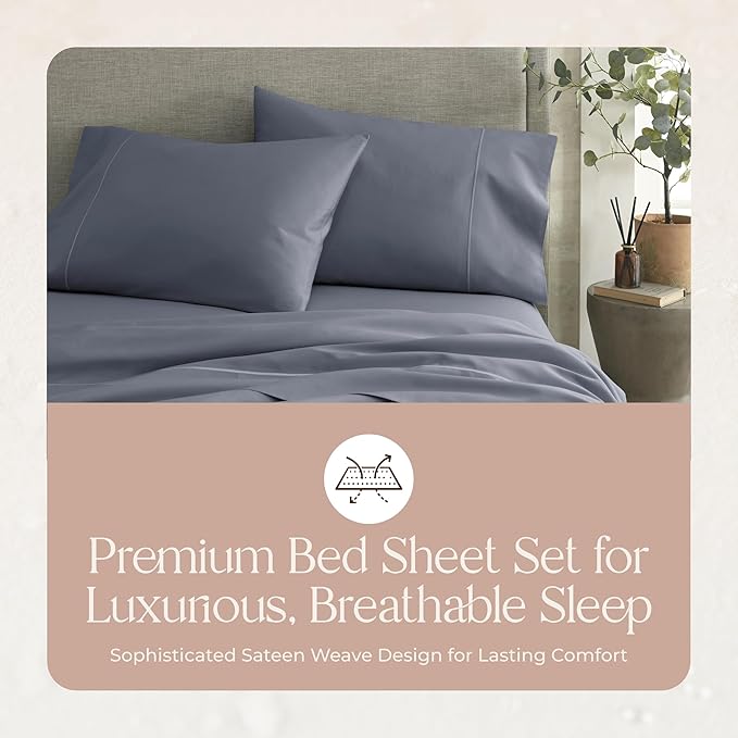 100% Organic Cotton Sheets Twin Size - GOTS Certified Organic Bed Sheets with Deep Pocket 300 Thread Count & Cozy Sateen Weave Gets Softer with Each Wash - Luxury 3 Piece Set (Mineral, Twin)