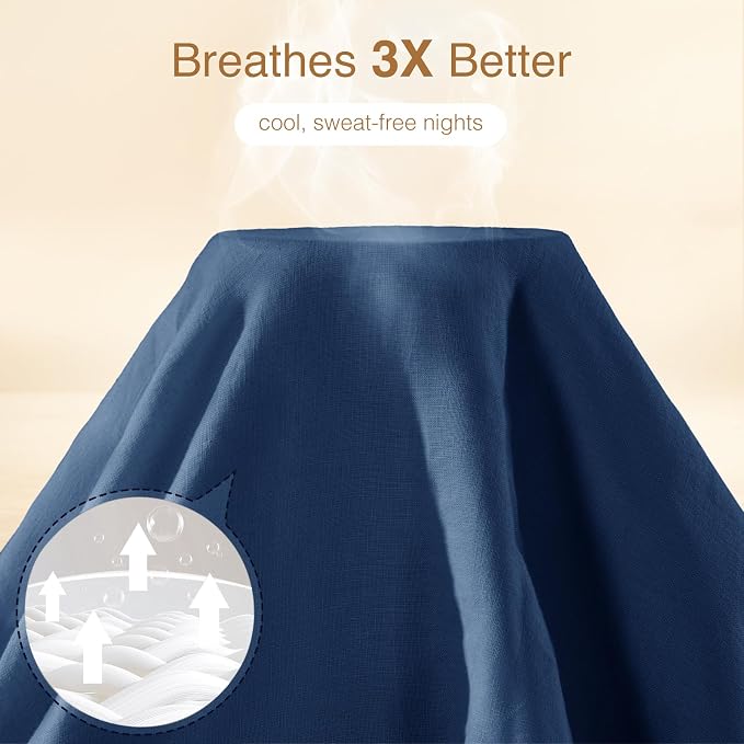 SONORO KATE 100% French Linen Duvet Cover Queen Size, Soft Breathable for Hot Sleepers, Moisture Wicking & Durable Cover Set - Zipper Closure & 4 Corner Ties Duvet Covers 3 Piece (Navy Blue,Queen)