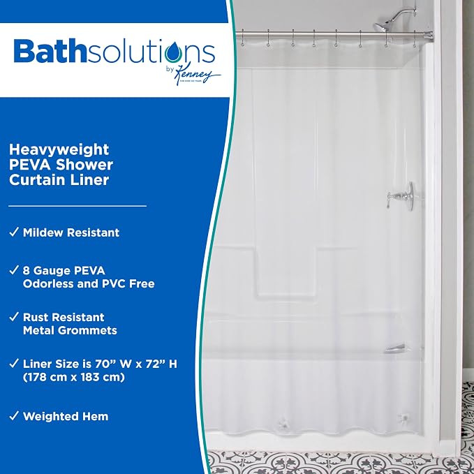Kenney KN61455 Heavyweight 8 Gauge Waterproof PEVA Shower Curtain Liner with Rust-Resistant Metal Grommets and Weighted Magnetic Hem for Bathroom, 70" W x 72" H, Clear