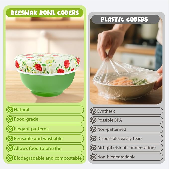 4-Pack Reusable Beeswax Bowl Covers with Fruit Pattern, 6/8/10/12 Inch Elastic Cotton Food Storage Covers for Bread Proofing, Sourdough Dough, Kitchen Containers & Food Storage