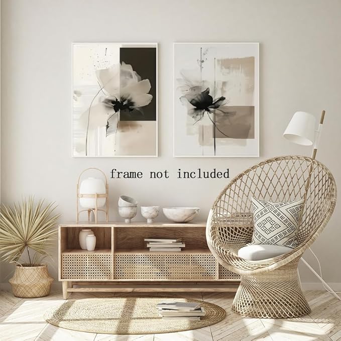 HUYKON Minimalist Abstract Floral Wall Art Prints Set of 2 Neutral Beige Black Flower Canvas Painting Poster Trendy Botanical Picture for Gallery Modern Japandi Boho Home Decor 12x18inch Unframed