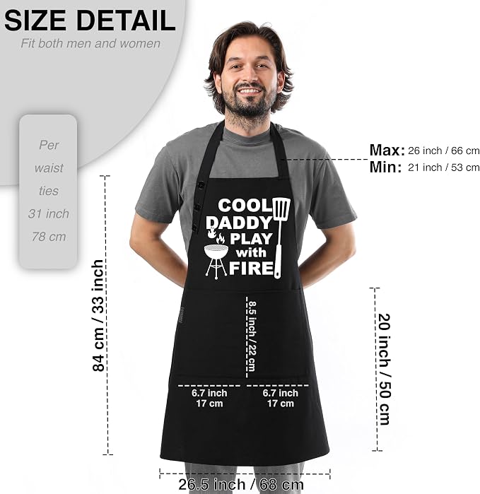 TOSHE Funny Apron Waterdrop Resistant Cotton Apron with adjustable Aprons for Women with Pockets 12 Color option Cooking (Black - Cool Daddy Play with Fire)