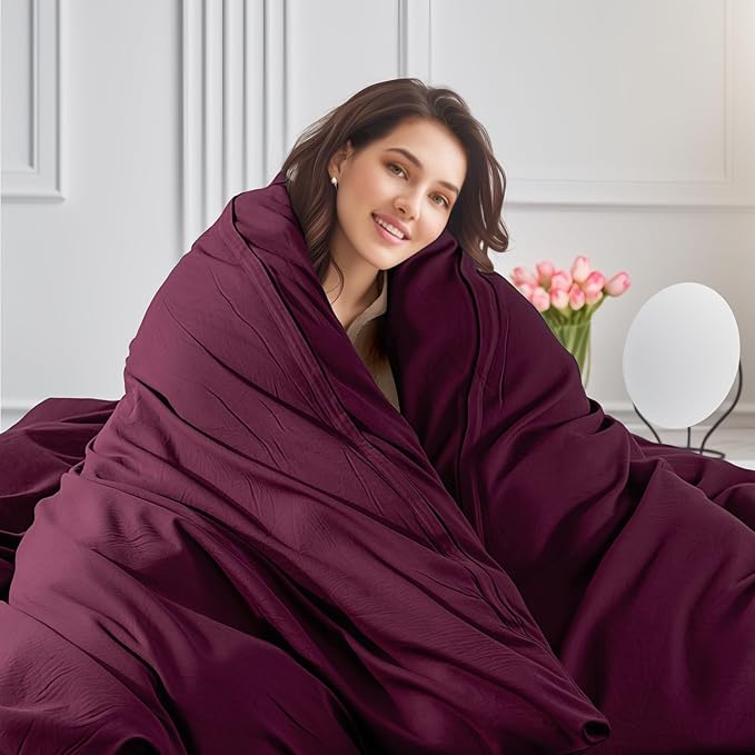 NEXHOME PRO 100% Washed Cotton Duvet Cover Full Size, Ogranic Natural Linen Feel Breathable Bedding Set with Zipper Closure, 3 Pieces Duvet Cover Set Wine (No Comfortert) 8090