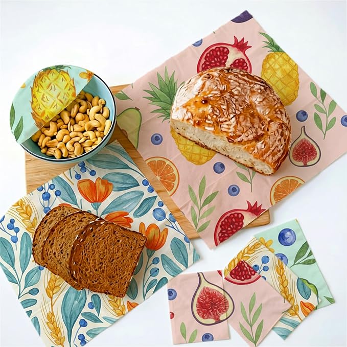 Reusable Beeswax Wrap, 9 Pack Eco-Friendly Wraps For Food, Organic, Sustainable, Biodegradable, Zero Waste, Plastic-Free Food Storage, 1XL, 3M, 5S (Mixed Fruit, Pineapple, Floral)