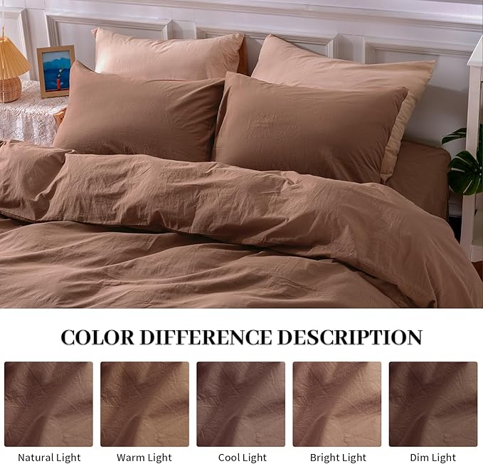 NEXHOME PRO Duvet Cover Set 100% Washed Cotton Oversized King 120"x98" Linen Feel Textured Organic Natural 3 Pieces Bedding Set Mocha Brown with Zipper Closure, Breathable(No Comforter)