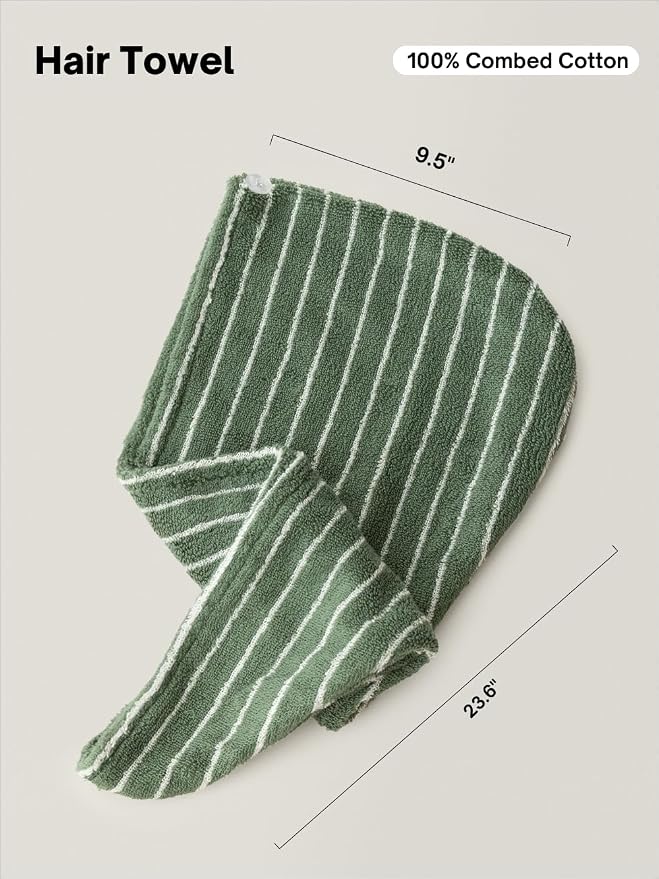 WENSHUO Frosted Pines-Striped Hair Towel Wrap-Drying Tool,100% Combed Cotton,Luxury Hair Dry Towels,Super Absorbent with Button Fasten(Pack of 1)