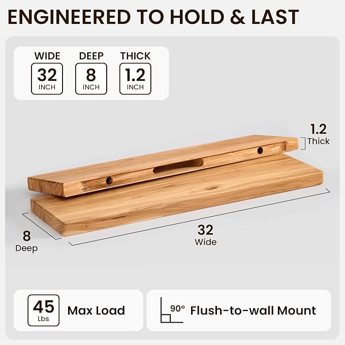 Fun Memories 32 Inch Floating Shelf, 8 Inch Deep Rounded Edge Reclaimed Elm Wood Wall Shelf with Hidden Bracket, Modern Wood Shelf for Kitchen, Bedroom & Office