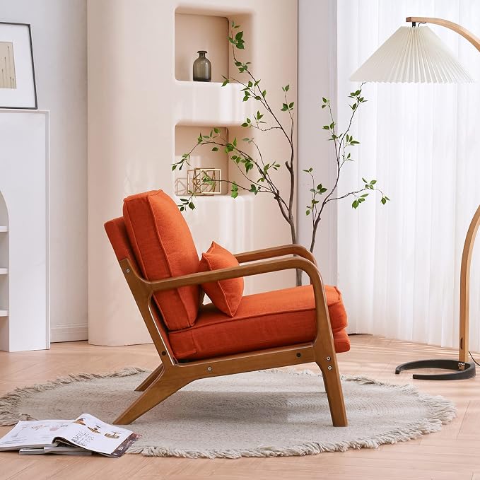 Karl home Mid-Century Modern Accent Reading Chair, Burnt Orange | Linen Upholstered, Solid Wood Frame, Soft Cushion, Lumbar Pillow, Lounge Armchair for Living Room, Bedroom, Balcony, Study