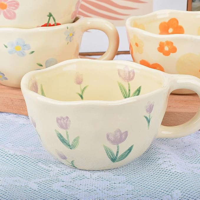 Cute Coffee Mug,Ceramic Tea cup,Kawaii coffee mugs,Handmade Creative Flower Pink mug with Spoon,Aesthetic mugs for milk Cappuccino Cocoa,8.5 oz Cheery Mug Gift for Women Christmas (Purple)