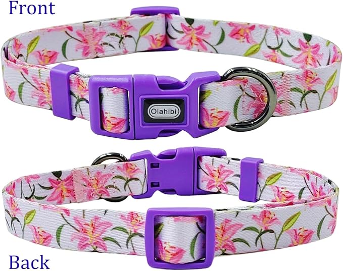 Dog Collar Leash Set, Floral Pattern, Polyester Material, Adjustable Collar and 5ft Matchcing Leash, for Small Dogs.(S, Purple Lily)