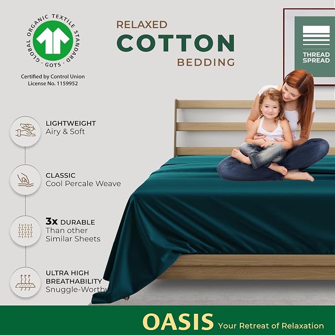 THREAD SPREAD 100% Organic Cotton Percale Flat Sheet California King Size - 1 PC Flat Sheet, Teal - Crisp, Cool and Strong Bed Linen, Top Sheets for Hot Sleepers, Luxury Breathable GOTS Certified