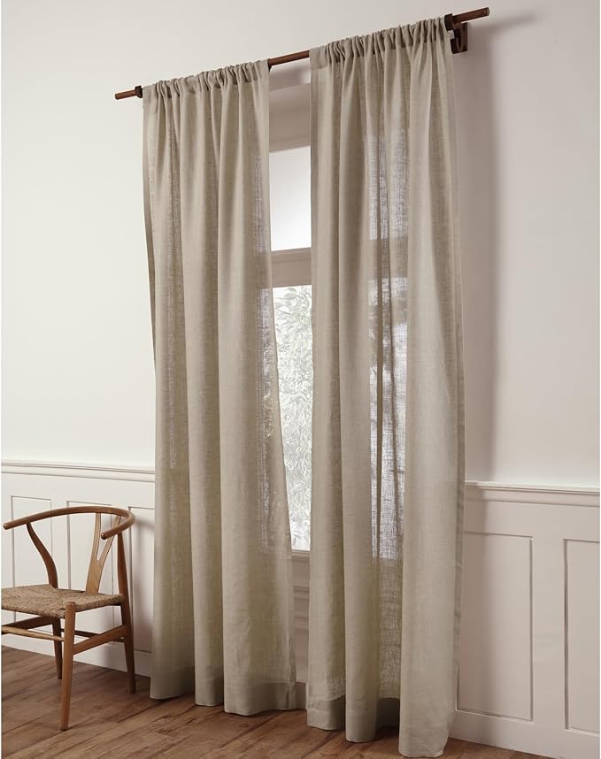 Solino Home European Flax Linen Sheer Curtain 144 Inches Long, 100% Pure Linen Natural 52 x 144 Inch Long Light Filtering Rod Pocket Window Curtains Panel for Living Room, Bedroom - 1 Panel