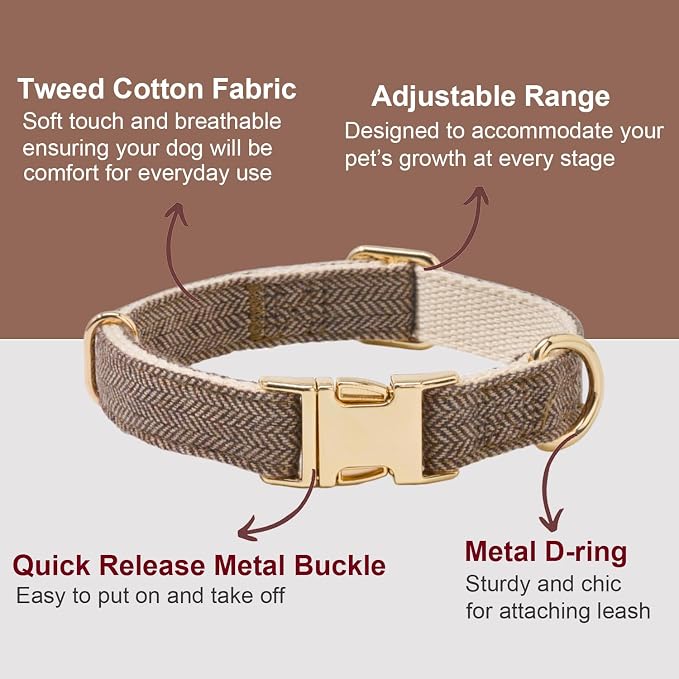 Soft Dog Collar and Leash Set Adjustable Woven Tweed Dog Collars with Metal Buckle and Lead for Small Medium Large Dogs,Coffee