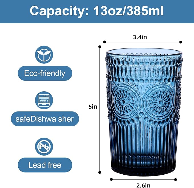ZMOWIPDL Vintage Glassware Drinking Glasses Set of 6,13 oz Blue Textured Flower Design Glass Water Tumblers，Embossed Striped Drinkware for Water,Cocktails,Juice,Iced Coffee