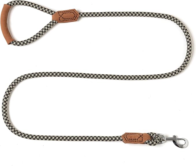 Mile High Life | Premium Leather Handle Dog Leash | Strong Rope Leash | Zinc Alloy Strong Clasp | Small Medium Large Dogs | 4/5/6 Feet(Black Khaki, 60 Inch (Pack of 1))