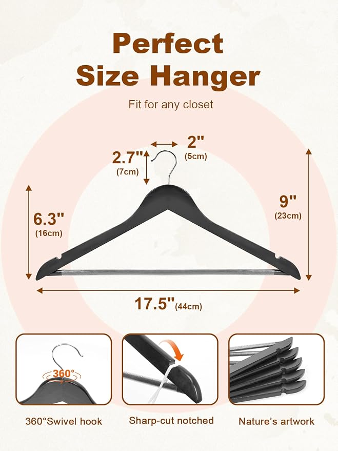 HOUSE DAY Black Wooden Hangers 20 Pack, Solid Wood Hanger with Non Slip Pant Bar, Heavy Duty Wooden Coat Hanger for Closet, Smooth Finish Wood Clothes Hangers for Shirts, Suits, Jackets, Dress