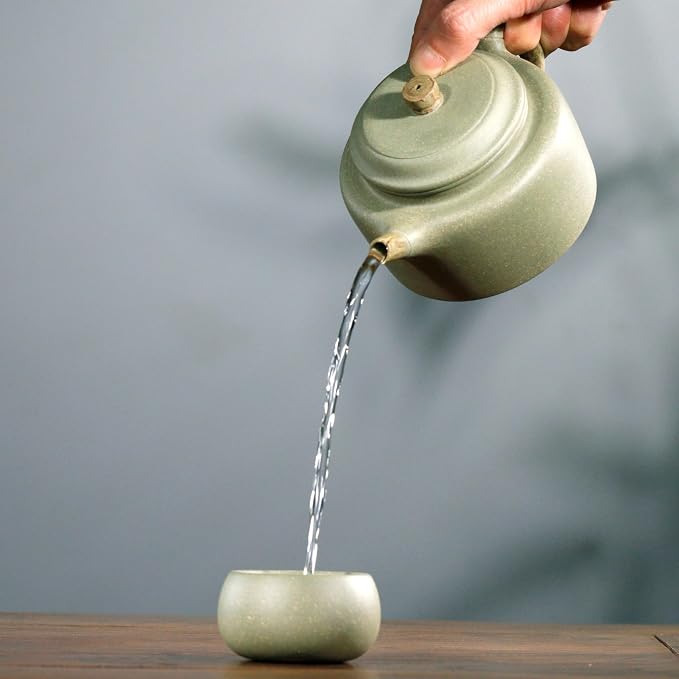 Zisha Hu 10.5 Oz,Genuine Yixing Cyan Clay Teapot with 2 Cups, Chinese Craftsman Handmade Infurse Kung Fu Tea Pot Set -Dezhong