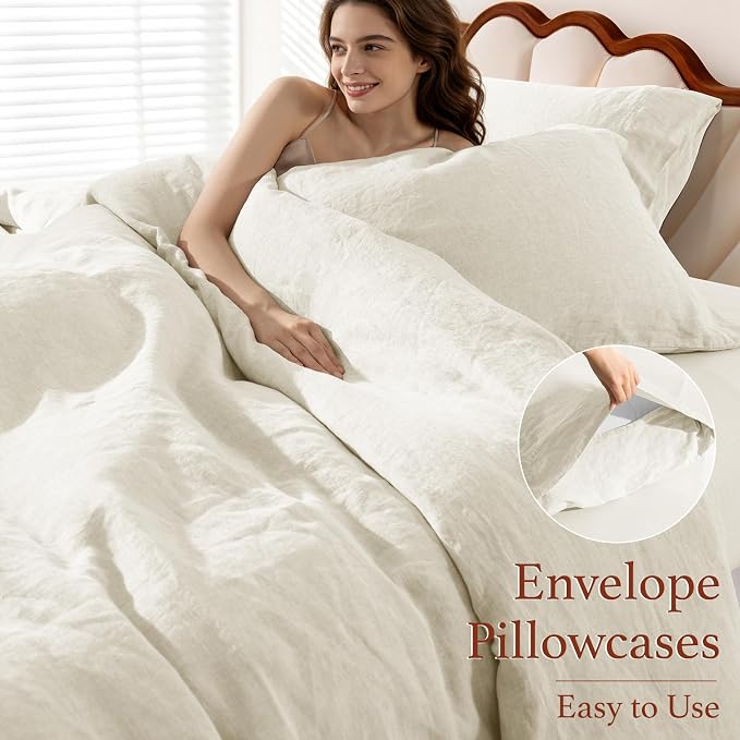LBRO2M 100% France Linen Duvet Cover Set 3 Pcs Including 1 Flax Comforter Cover with Zipper Closure, 2 Pillowcase, Cozy Duvet Cover California King Size, Beige