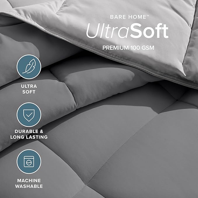 Bare Home Comforter - Reversible Colors - Goose Down Alternative - Ultra-Soft - Premium 1800 Series - All Season Warmth - Bedding Comforter (Twin/Twin XL, Grey/Light Grey)