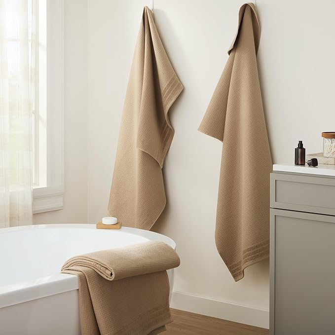 Town & Country Basics 4-Piece Waffle Woven Terry Stripe Bath Towel Set, 30x56-Inch, 100% Cotton, Quick Dry, Taupe