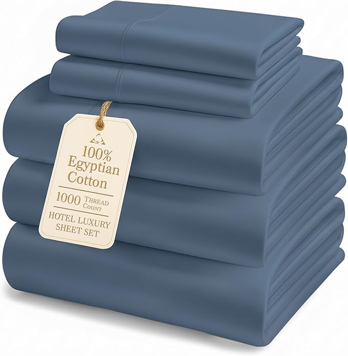 LANE LINEN 100% Cotton Split King Sheets for Adjustable Beds - 1000 Thread Count, Long Staple Mercerized Bedding Sheets, Luxury Hotel Like Thick 15" Deep Pocket Reinforced French Seams - Estate Blue
