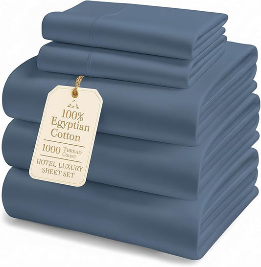 LANE LINEN 100% Cotton Split King Sheets for Adjustable Beds - 1000 Thread Count, Long Staple Mercerized Bedding Sheets, Luxury Hotel Like Thick 15" Deep Pocket Reinforced French Seams - Estate Blue