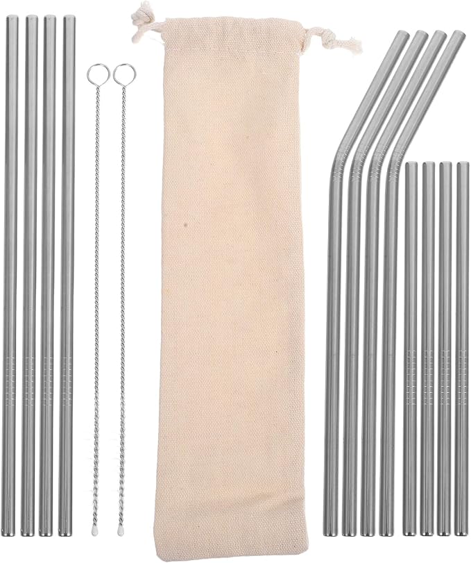 Tofficu Reusable Stainless Steel Straw Set with Cleaning Brush, 15pcs Metal Beverage Straws for Smoothies, Juice, Coffee, Eco-friendly Drinkware Kit for Home and Travel