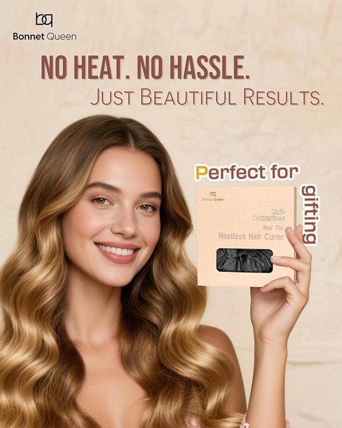 BONNET QUEEN Multi-function Satin Heatless Hair Curler & Hair Tie Non-Heating Hair Roller Curling Rod with Scrunchie, Large, Black(For Big Curls)