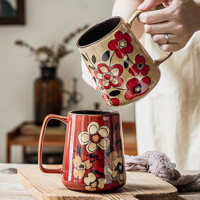 24oz Large Ceramic Coffee Mug with Big Handle, Handmade Kiln Glazed Large Coffee Mug Tea cup, Novelty Mug，Unique Uneven Surface for Office and Home，Microwave and Dishwasher Safe (khaki)