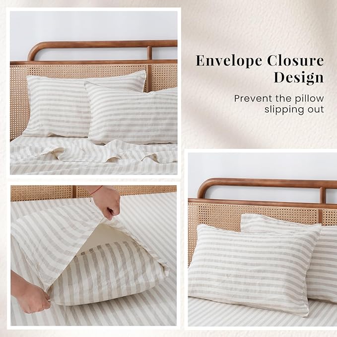 S VICTORY SYMBOL 100% Organic Linen Duvet Cover Set,Yarn Dyed Classic Beige Stripe French Natural Flax Bedding Set Queen Size,3pcs Farmhouse Comforter Cover Set