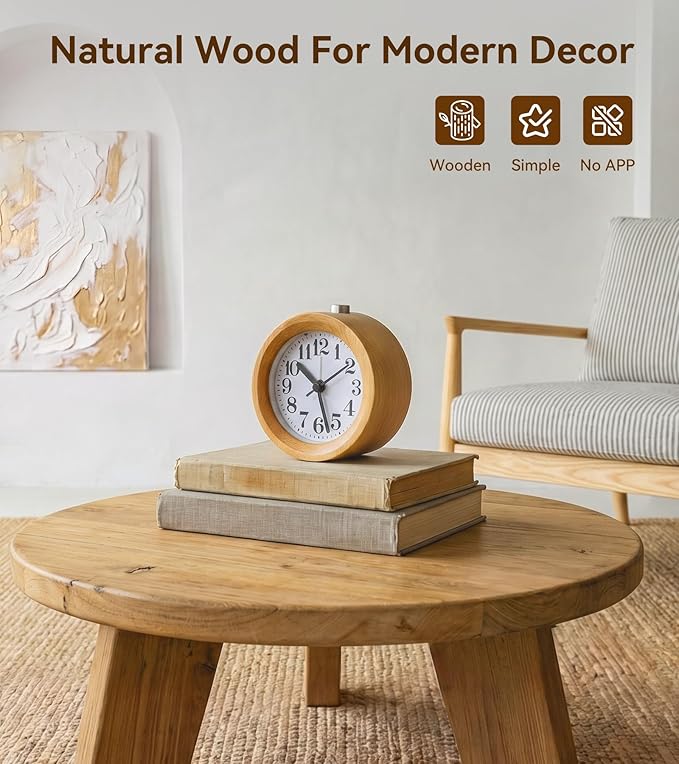 Wood Analog Alarm Clock - Non-Ticking Silent Small Round Clock, Battery Operated with Warm Night Light & Snooze Button for Students,Men,Women for Bedrooms/Desk/Bedside/Shelf, 3.7x3.7x1.7in