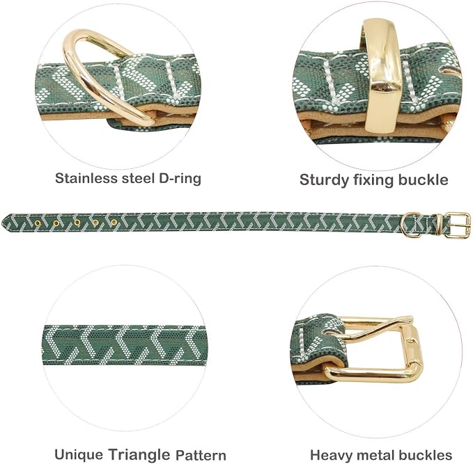 Leather Dog Collar and Leash Set, Check Pattern Dog Collar Leashes Metal Buckle Adjustable Durable for Small Medium Large Dogs (Green, S(11.4-13.4IN))