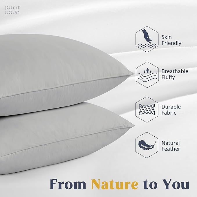 puredown Goose Feathers Down Pillows - Standard Size Bed Sleeping Hotel Collection Pillows Set of 2 with 100% Cotton Cover, Grey