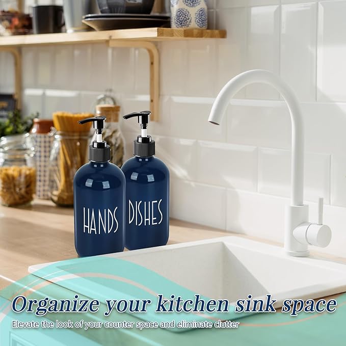 Dish Soap Dispenser for Kitchen - 16 OZ Glass Hand Soap Dispenser Set - Kitchen Bathroom Decor and Accessories (Navy Blue)
