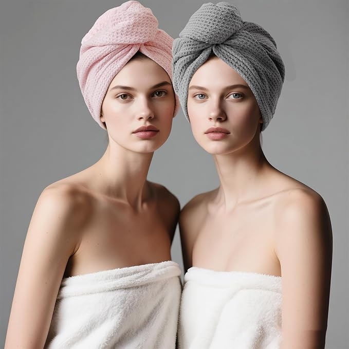 ROLSHOL 2 Pack Microfiber Hair Towel Wrap for Women, 32" x 11" Waffle Weave Hair Plopping Towel for Curly, Long & Thick Hair, Anti-Frizz Hair Turbans for Wet Hair (Pink, Grey)