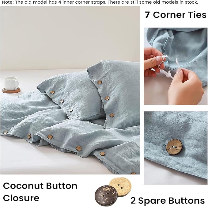 Simple&Opulence 100% Linen Duvet Cover Set 3pcs with Coconut Button Closure Natural French Washed Flax Solid Color Soft Breathable Farmhouse Bedding - Dusty Blue, Full Size