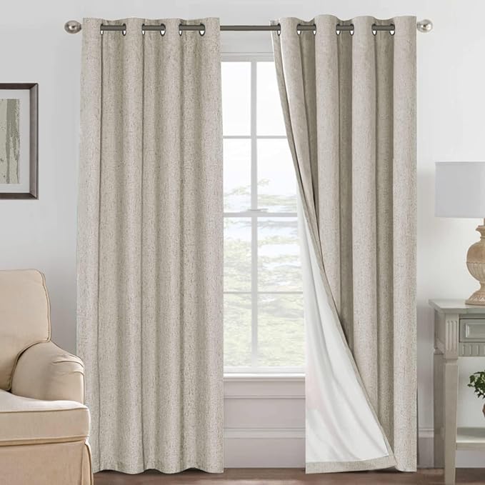 H.VERSAILTEX Blackout Curtains Linen Curtains 120 inches Long 100% Black Out Curtains for Bedroom Windows, Textured Linen Look Draperies Grommet with White Liner, 2 Panels, Cobblestone