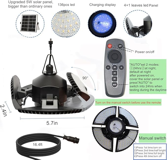 HULPPRE Solar Shed Light-Daytime or Night,4+1 Leaves 136Leds Brighter Solar Light Indoor&Outdoor with Remote,IP65 Barn/Chicken Coop/Workshop/Ceiling/Pendant Lamp for Patio,Garden,Yard,Gazebo