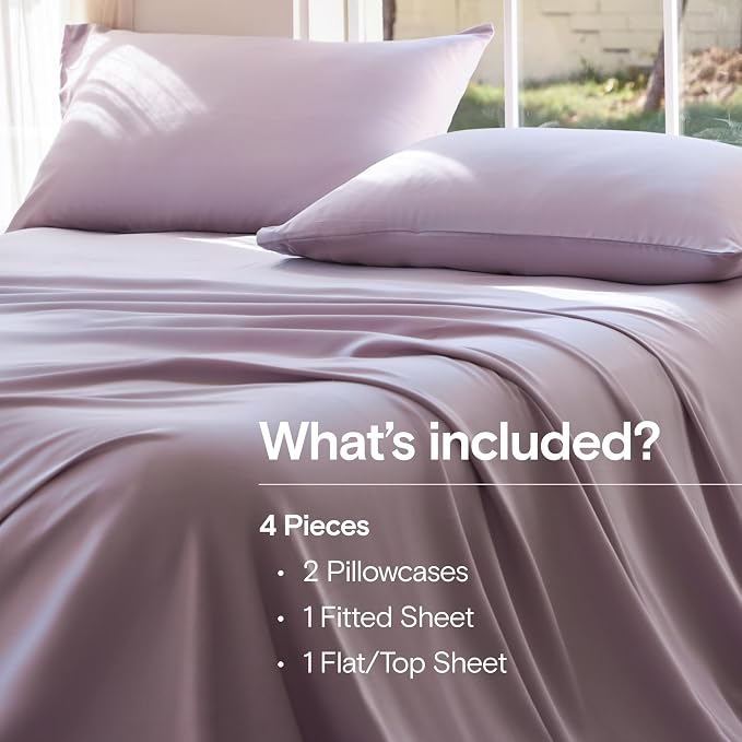 DOZ Sheet Set, 100% Viscose derived from Bamboo, Organically Grown, Buttery Soft, Cooling Sheets, High GSM, Deep Pockets - 4 Piece - 2 Pillowcases 1 Fitted 1 Top Sheet (Lavender, Queen)