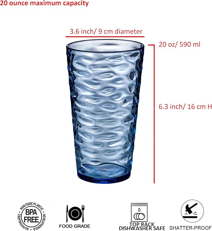 14-ounce and 20-ounce Plastic Tumblers, Acrylic Drinking Glasses, set of 8 Multicolor Reusable Plastic Cups, Stackable, BPA-Free, Shatter-Proof, Dishwasher-Safe