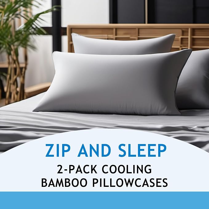 Zippered Pillowcases - Standard Size 26x20, 100% Viscose Derived from Bamboo, 2 PK, Cream - Cooling Pillow Cases - Silky Pillow Covers for Hot Sleepers, Menopause, Night Sweats - by JoMo