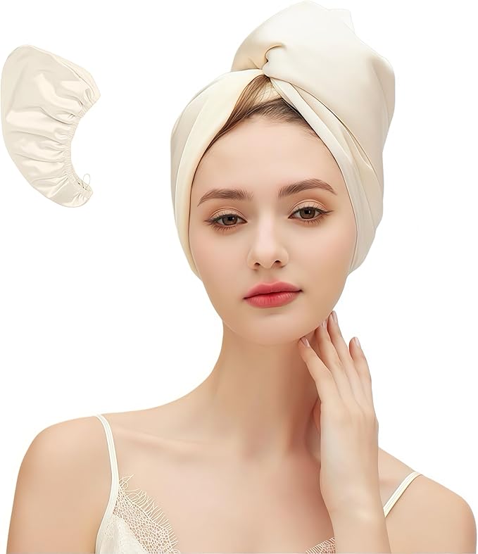 Satin Microfiber Hair Towel Wrap for Quick Drying & Anti-Frizz - Super Absorbent, Hair Turbans for Wet Hair, Ideal for Long, Short, Curly Hair (Ivory)