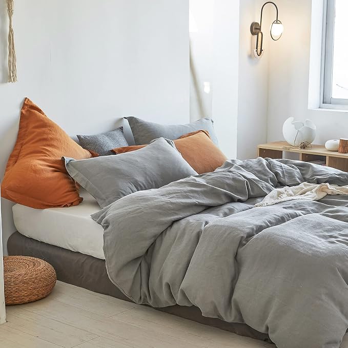 Simple&Opulence 100% Linen Duvet Cover Set 2pcs Basic Style Natural French Washed Flax Solid Color Soft Breathable Farmhouse Bedding with Button Closure - Ultimate Grey, Twin