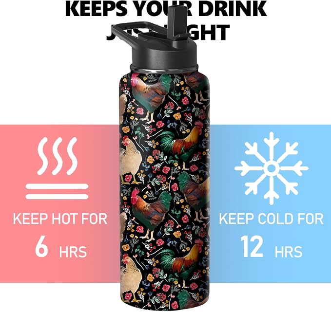 40oz Chicken Water Bottle with Handle and Flip Straw, Animal Sports Stainless Steel Insulated Cup Travel Coffee Mug Tumbler, Birthday Mothers Day Chritmas Gifts for Women