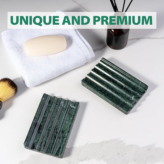Karibiber Soap Holder, Marble Soap Dish for Shower, Green Bar Soaps Holder with Water Ripple Design, Easy Cleaning Soaps Saver for Kitchen Sink，Bathroom, Executive Indian Natural Stone Soap Tray