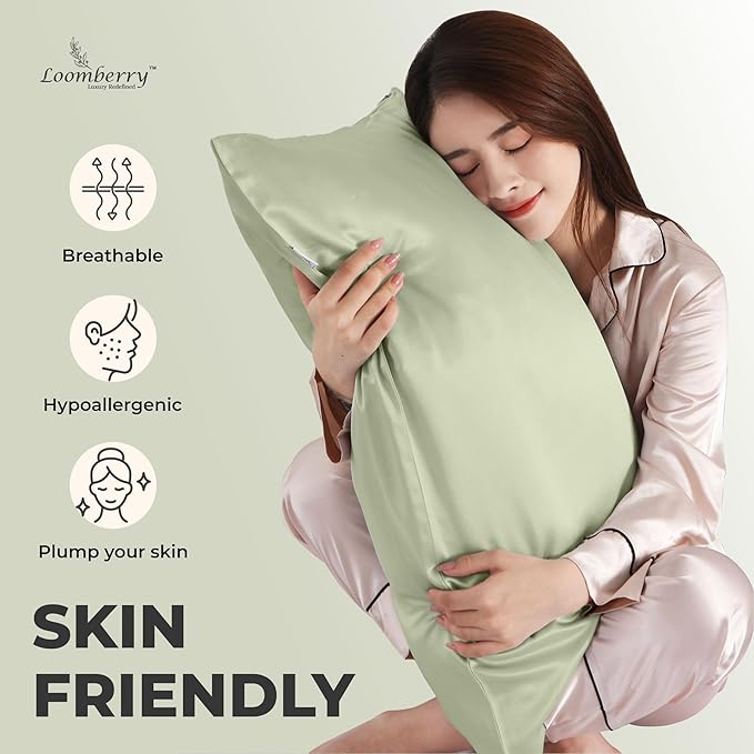 100% Pure Mulberry Silk Pillowcase for Hair and Skin, 6A Grade 22 Momme Silk Pillow Cases with Zipper, Soft Cooling Washable Both Sided Silk Pillow Cover (Olive Green, Queen 20''x30'')
